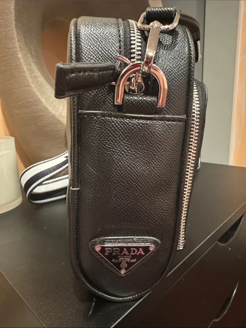Prada Black Leather Messenger with Black & White Branded Strap